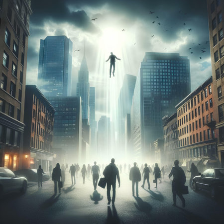 Businessman flying over the city at night. 3D Renderingの素材