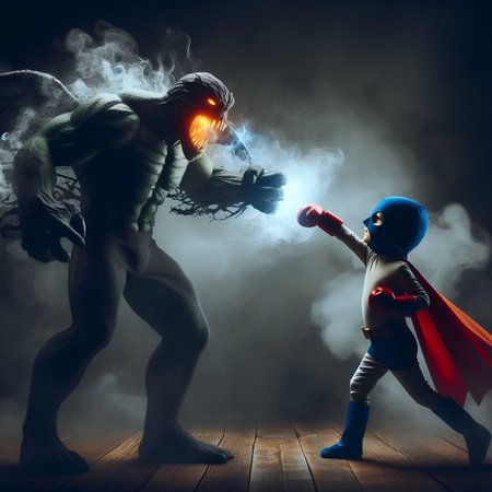 Superheroes fighting with each other in the dark. Mixed mediaの素材