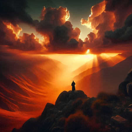 Man standing on top of a mountain and looking at the sun.の素材