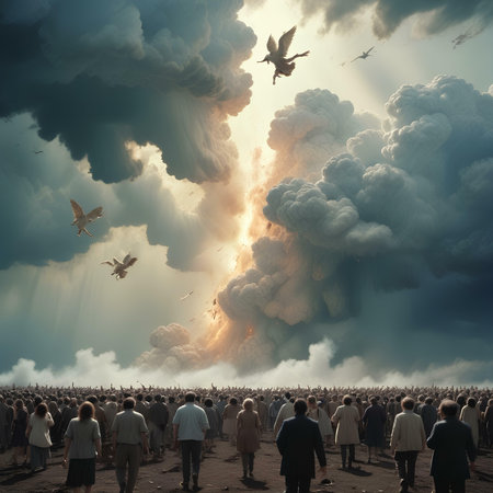 Group of people in front of a big thundercloud with birds in the skyの素材