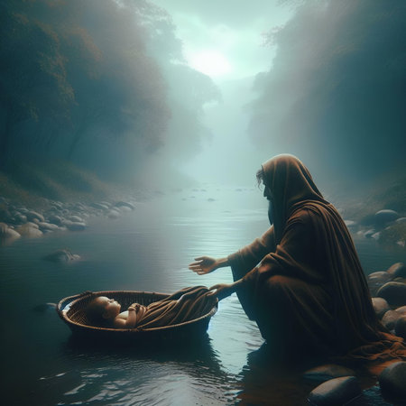 Fantasy landscape with a man and a basket of eggs in the riverの素材