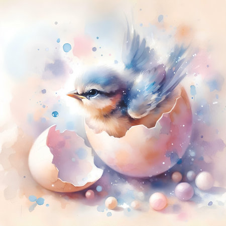 Watercolor painting of a bird sitting in an egg. Easter backgroundの素材