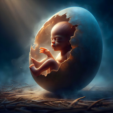 Newborn baby inside the egg. 3D rendering. Fantasy image.の素材