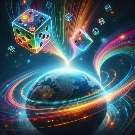 Dice flying around the earth. 3D illustration. Elements of this image furnished by NASAの素材