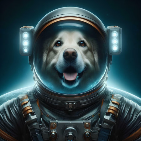 Portrait of a dog in an astronaut helmet. Space theme.の素材