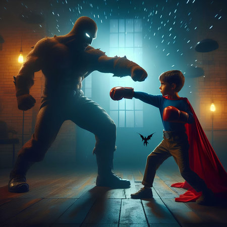 Superhero father and son fighting in the dark room. Superhero family concept.の素材