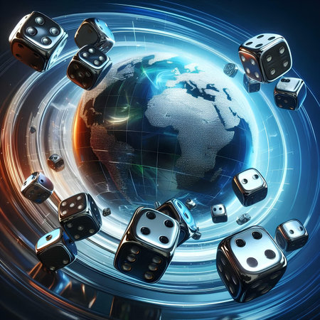Dice and earth on a dark blue background. 3D renderingの素材