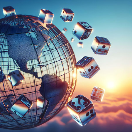 Dice flying around a globe. 3d rendering toned imageの素材