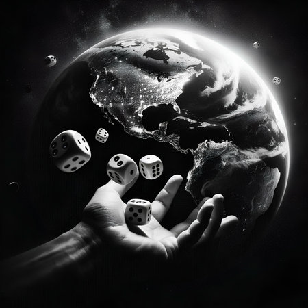 Hand throwing dices on planet earth. Black and white photo.の素材