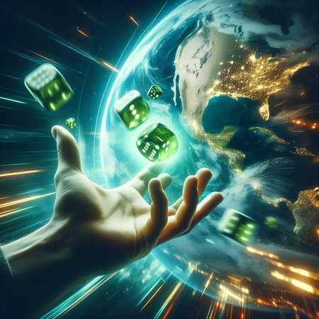 Hands with dice in space. Future technology concept. 3D renderingの素材