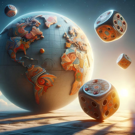Dice and planet. 3d illustration. Elements of this image furnished by NASAの素材
