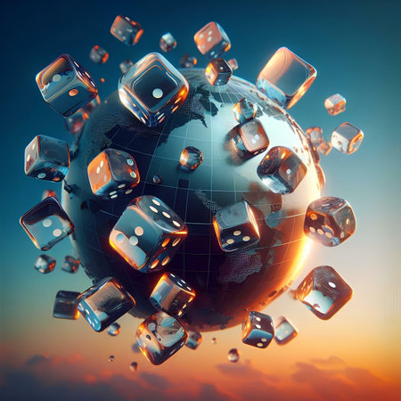 Globe with flying dice. 3d illustration. Elements of this image furnished by NASAの素材