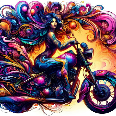 Beautiful girl biker on a motorcycle. Colorful vector illustration.の素材