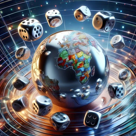 Dice and earth on abstract background. 3d illustration. Elements of this image furnished by NASAの素材