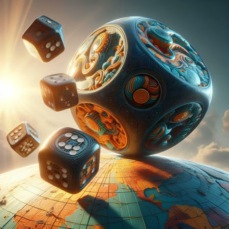 Dice on the planet Earth. 3D render. Elements of this image furnished by NASAの素材