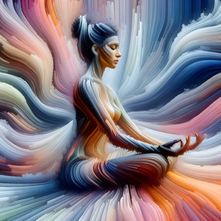 Young woman practicing yoga in the lotus position. Colorful background.の素材