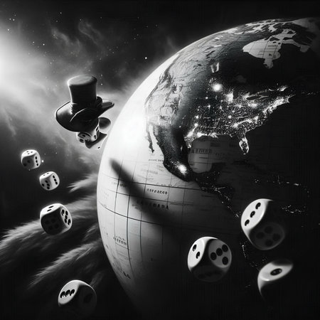 Conceptual image of businessman flying in space with dice. Elements of this image furnished by NASAの素材