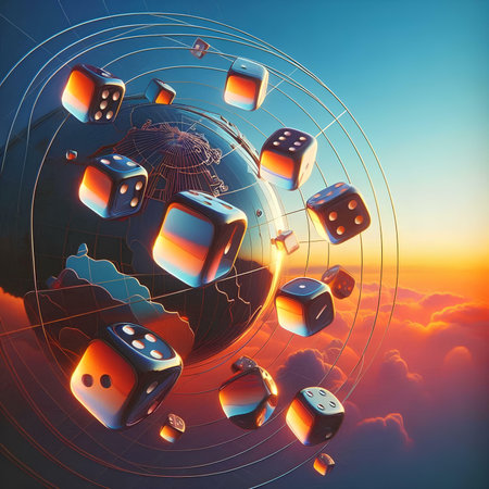 3d rendering of flying cubes over planet earth with sunset sky backgroundの素材