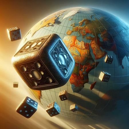 Dice and world map, 3d render, digital illustration.の素材