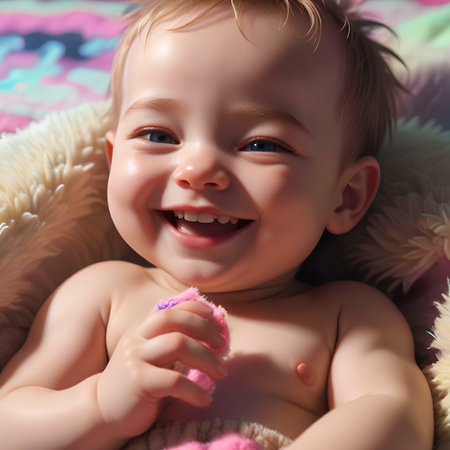Portrait of a cute smiling baby girl lying on a blanket.の素材