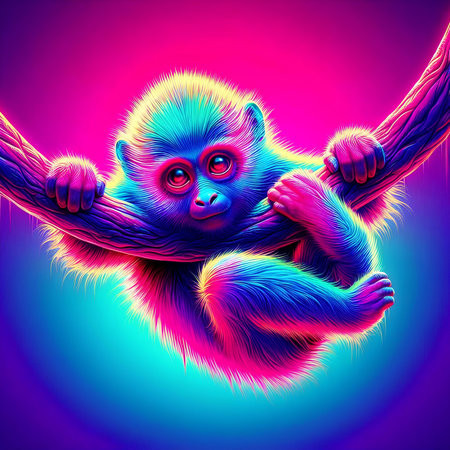 Cute baby monkey on a blue background. Vector illustration in neon colors.の素材