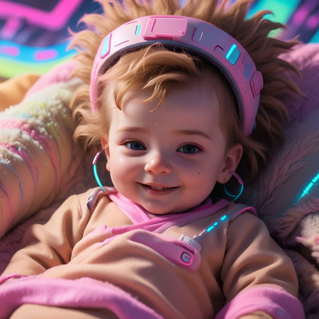 Portrait of a cute little girl in headphones lying on the floorの素材