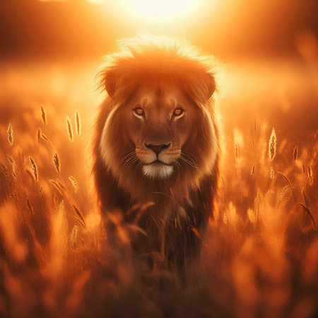 Lion in the field at sunset. Beautiful lion at sunset.の素材