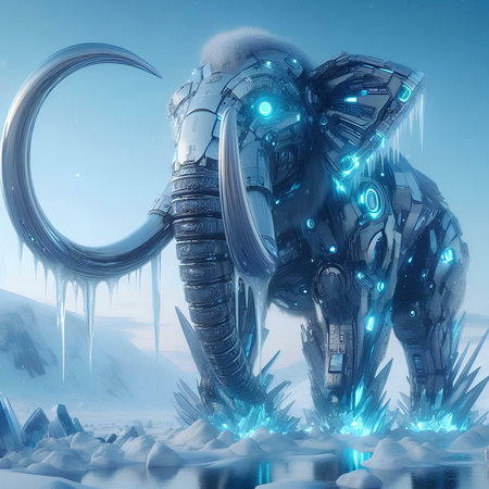 3D rendering of a cyborg in deep space surrounded by iciclesの素材