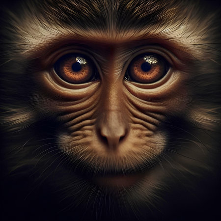 Portrait of a monkey with big eyes on a dark background.の素材
