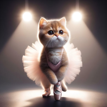 Cute little kitten wearing ballet tutu and pointe shoes on a dark backgroundの素材