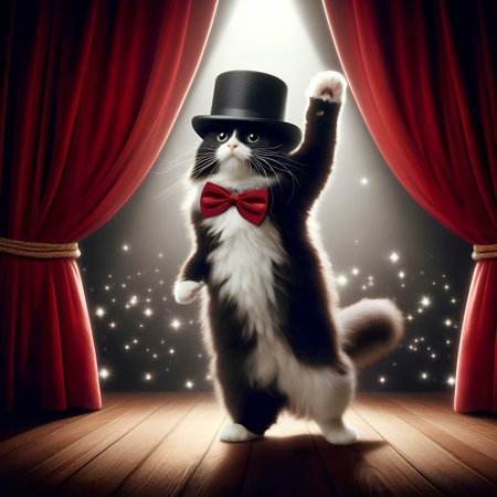 Cute black and white kitten in top hat and bow tie standing on stage with red curtainsの素材