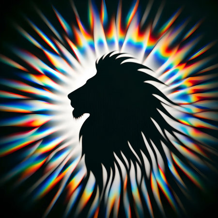 Lion head with rays of light on a dark background. Vector illustration.の素材