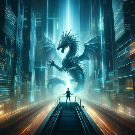 Dragon and a man on the stairs in the city. 3D renderingの素材