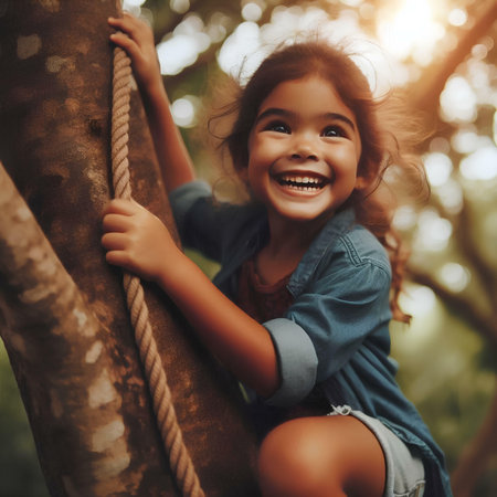 Portrait of a smiling little girl swinging on a swing in the park.の素材