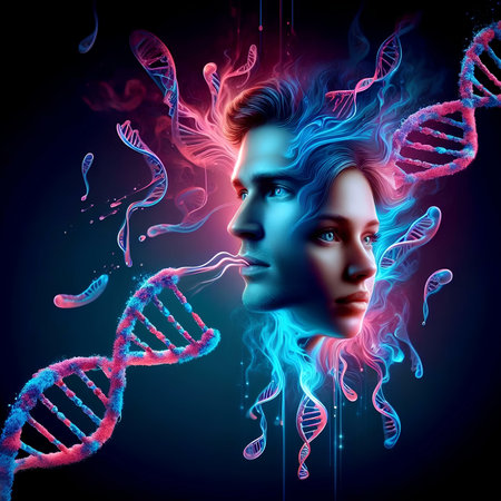 Human face and DNA strands. 3d illustration. Science and medicine concept.の素材