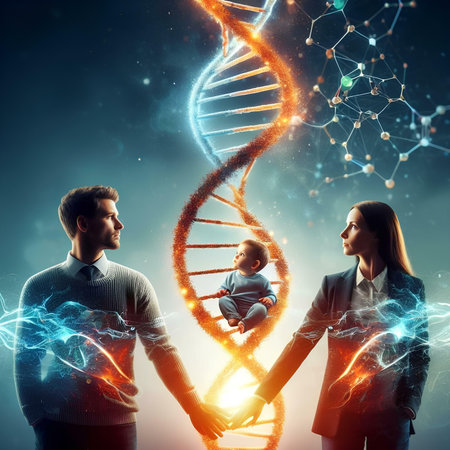 Young family with baby and DNA molecule on dark background. Double exposureの素材