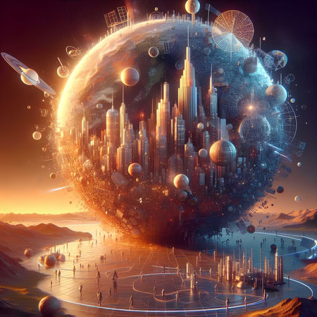 Futuristic city and planet. 3D rendering with DOFの素材