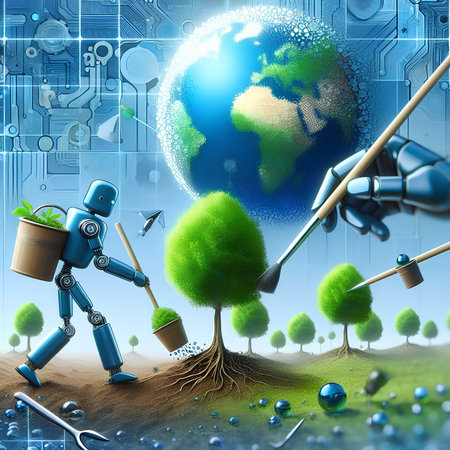 Robot planting a tree in the earth, 3d illustration.の素材