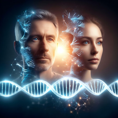 Conceptual image of man and woman with DNA strand on dark backgroundの素材