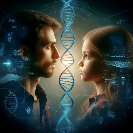 Image of young man and woman looking at DNA molecule on dark backgroundの素材