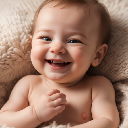 Cute little baby lying on soft knitted blanket, closeupの素材