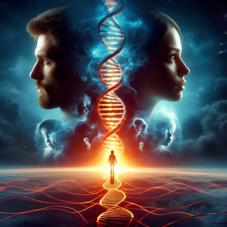 Conceptual image of man and woman looking at DNA molecule structureの素材