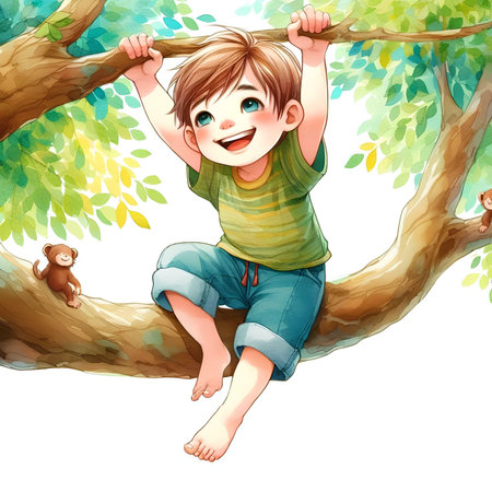 cartoon happy boy sitting on the tree. illustration for children.の素材