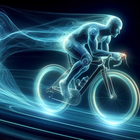 Cyclist rides a bicycle in the futuristic space. 3D renderingの素材
