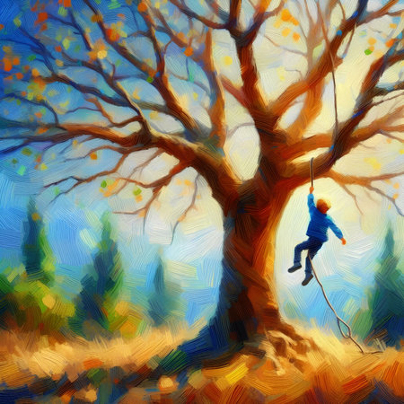 Man climbing a tree in the autumn forest. Acrylic painting.の素材