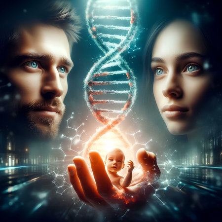 Image of man and woman holding DNA molecule in hands. Mixed mediaの素材