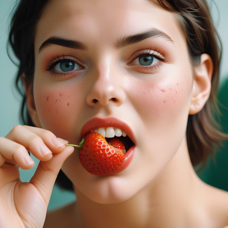 Beautiful young woman with strawberry on her face. Healthy eating concept.の素材