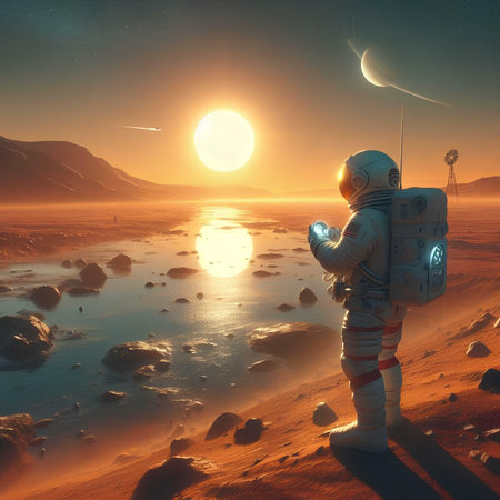 Astronaut on the background of the setting sun. 3d renderの素材