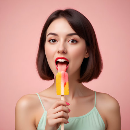 Portrait of beautiful young woman with lollipop on pink backgroundの素材