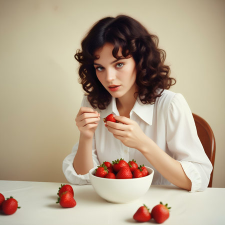 Beautiful young woman sitting at the table with a bowl of strawberriesの素材